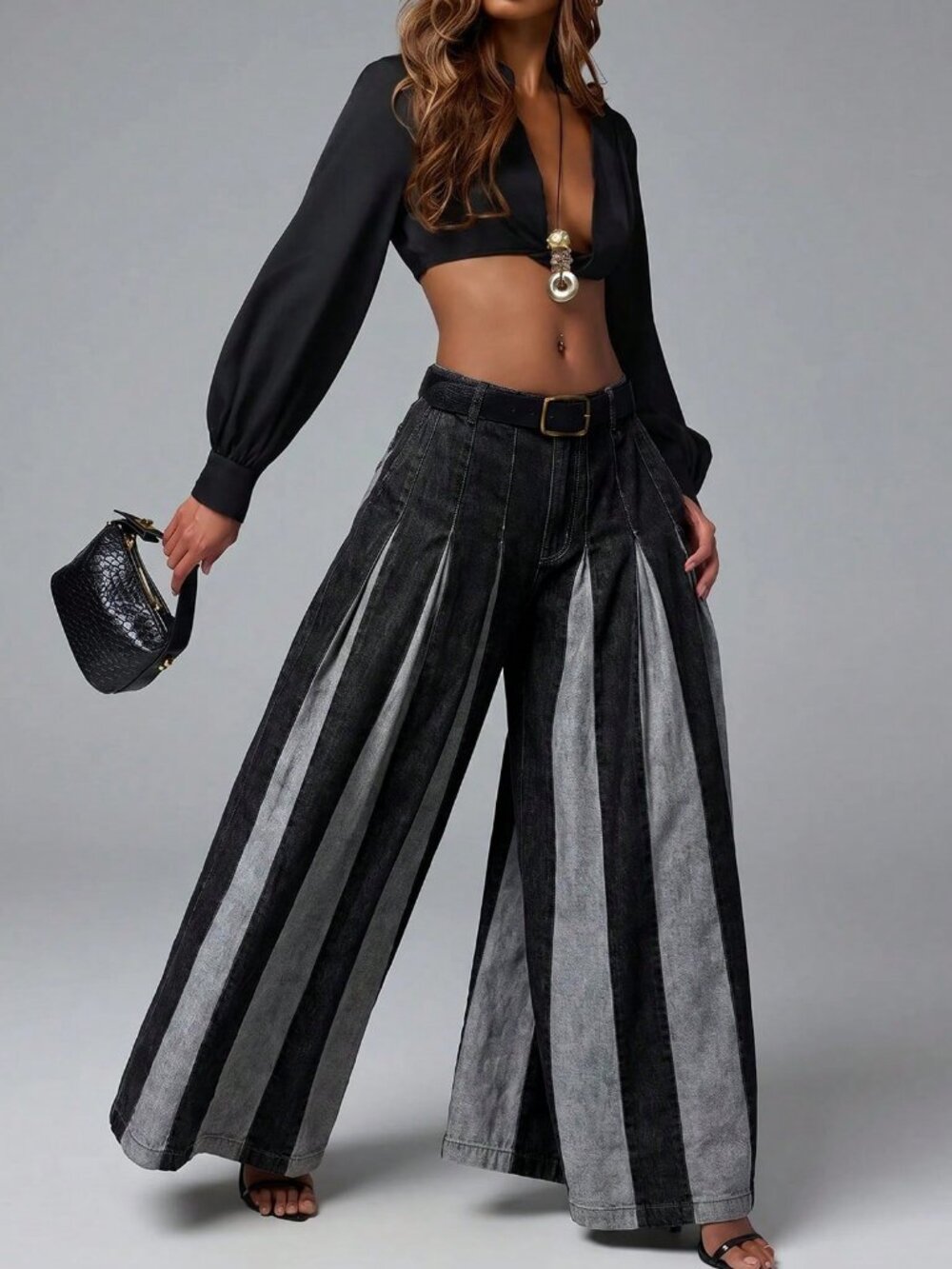 Black Casual Women's Two Tone Color Block Wide Leg Flowy Baggy Denim Jeans - Picture 3 of 7